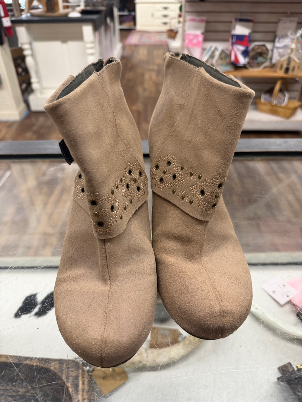 OTBT Taupe Suede Fold-Over Ankle Booties with Stud Accents